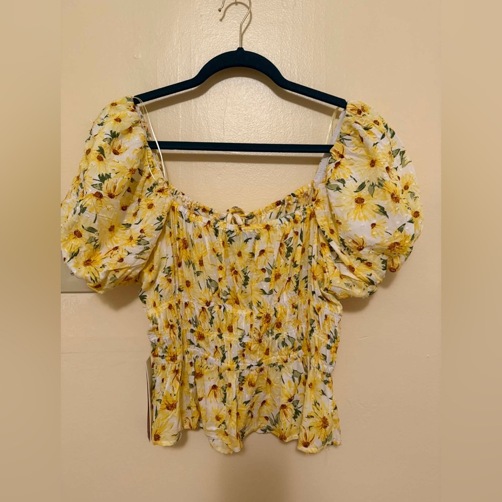 Aqua Yellow Floral Puff Sleeve Blouse